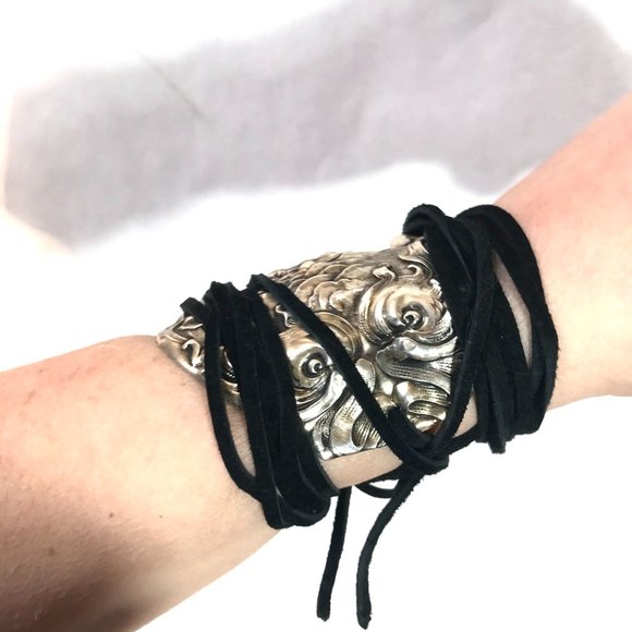 Antique Sterling Silver 925 Cuff Tie Wrap Bracelet Victorian Cherub Putti Biker - Picture 8 of 13